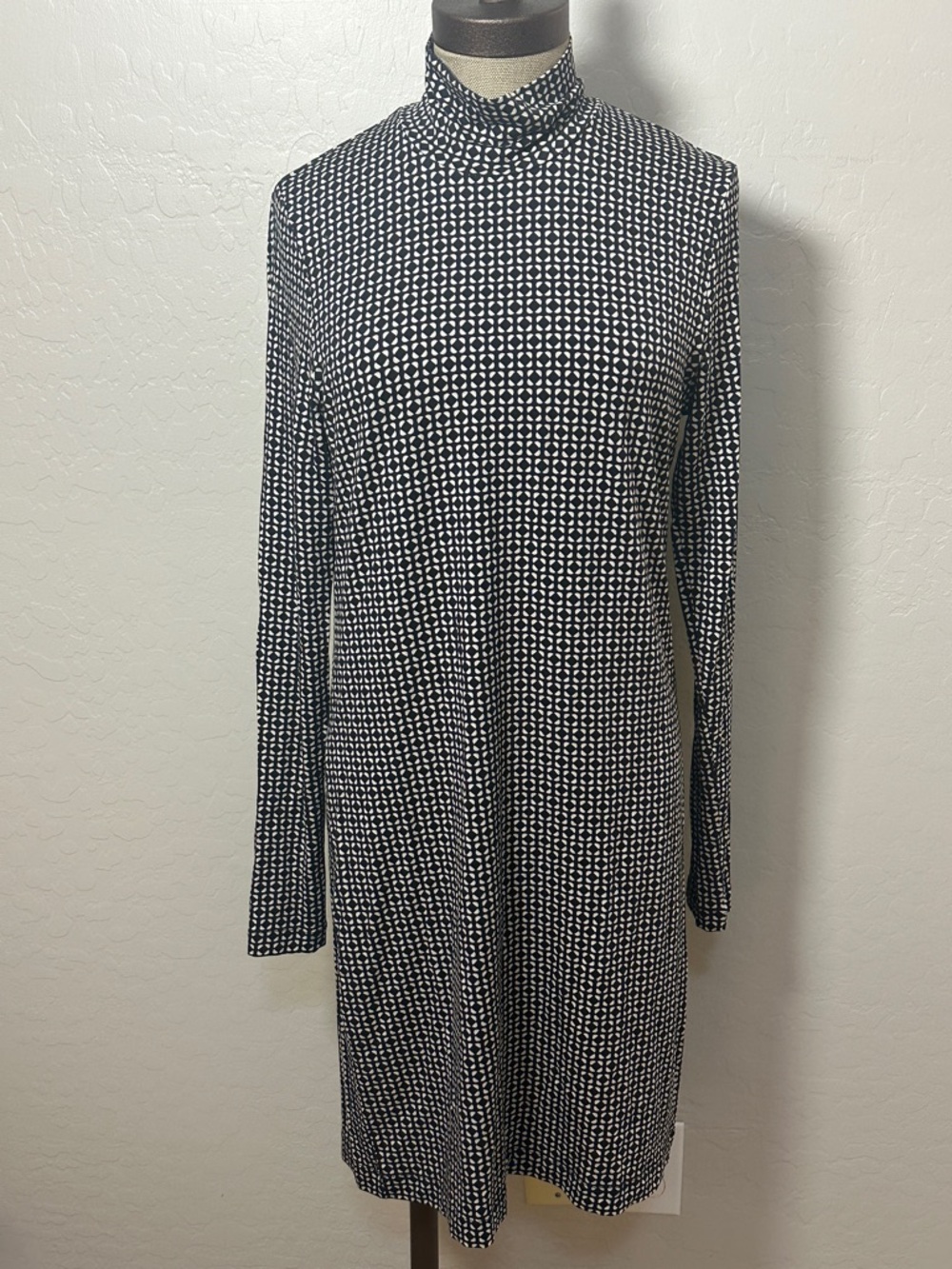COS Black White Geometric Mock Neck Dress Stretch Minimalist EU Made | SZ Large